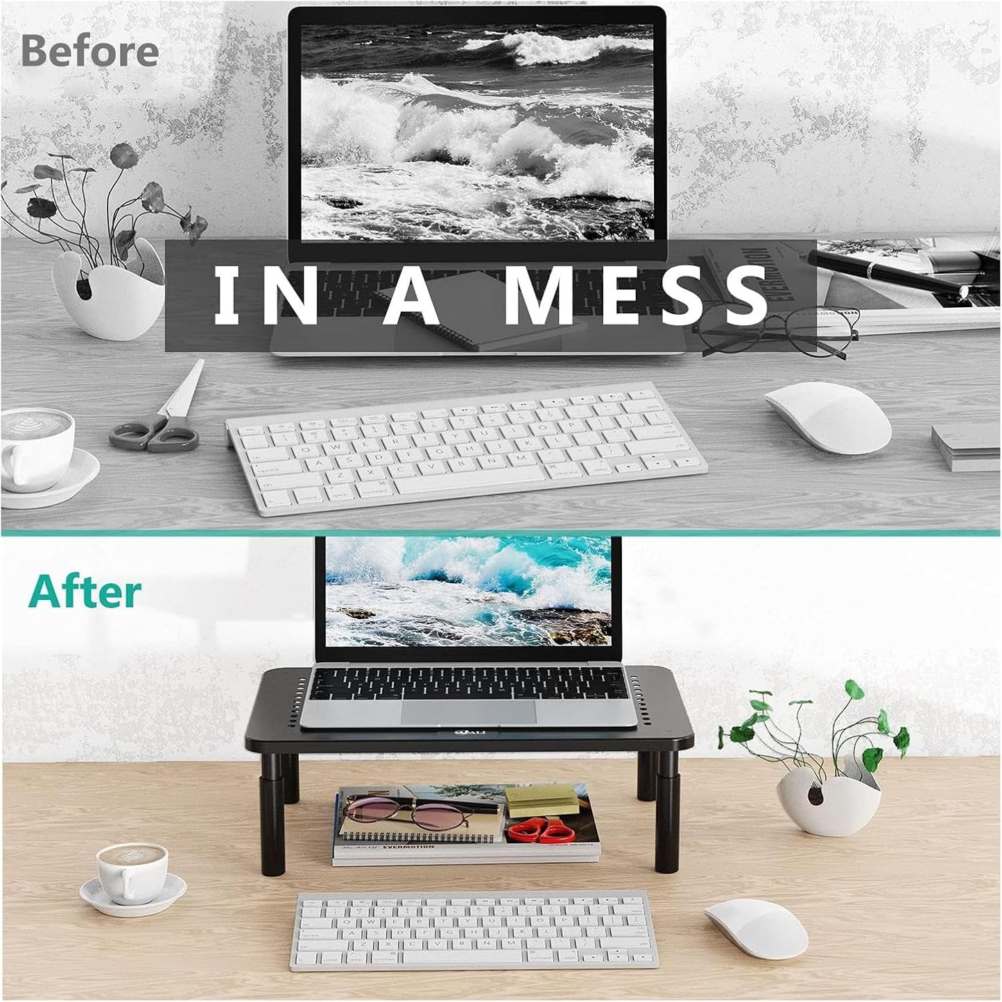 Dual Monitor Stand for Desk, Desk Monitor Riser 3 Height Adjustable, Laptop Riser with Airflow Vents, Desk Organizer for Computer, Laptop, Printer, Notebook (STT003-2), 2 Pack, Black