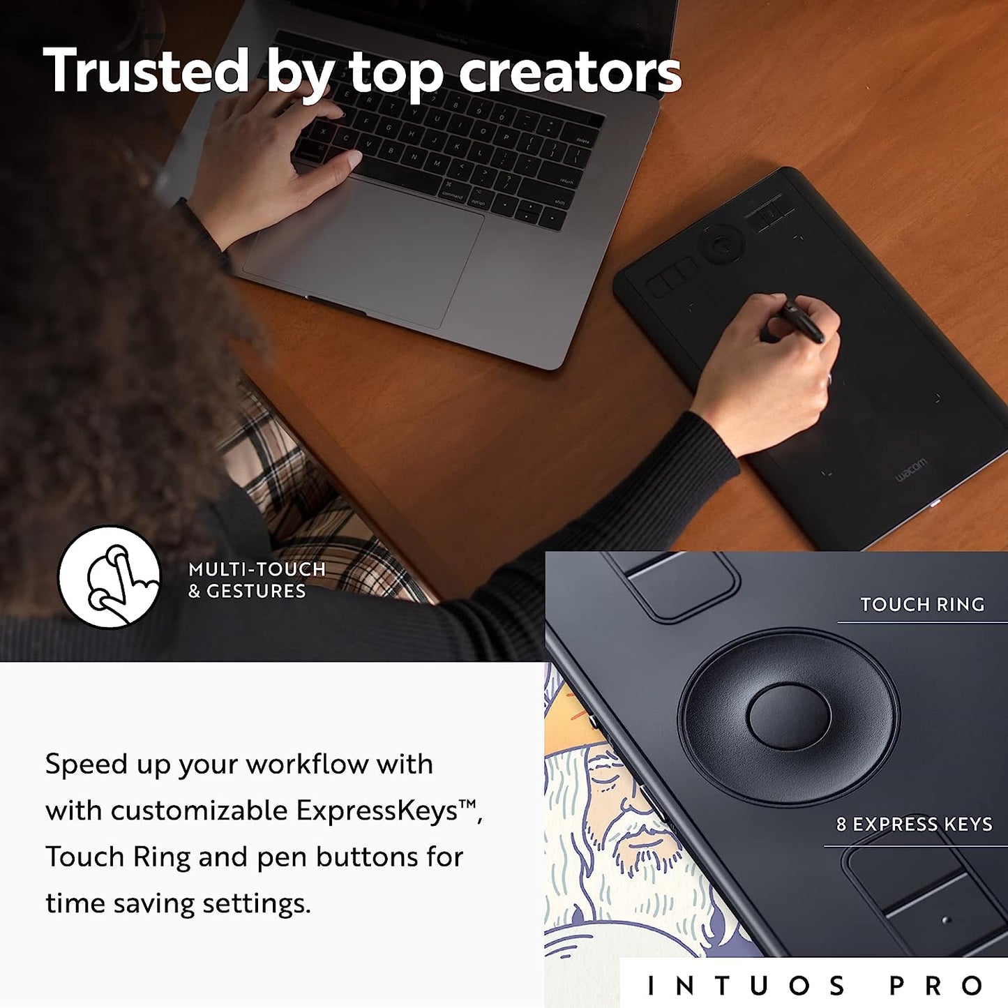 Intuos Pro Medium Bluetooth Graphics Drawing Tablet, 8 Customizable Expresskeys, 8192 Pressure Sensitive Pro Pen 2 Included, Compatible with Mac OS and Windows